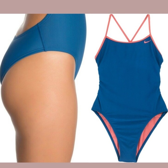 NEW Nike‎ [ 6 ] Cross Tie Back One Piece Swimsuit in Blue /Coral - Picture 2 of 12